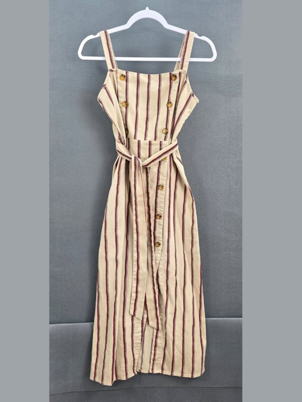 PAPAYA Womens S Linen Blend Striped Button Front Midi Dress Belted
